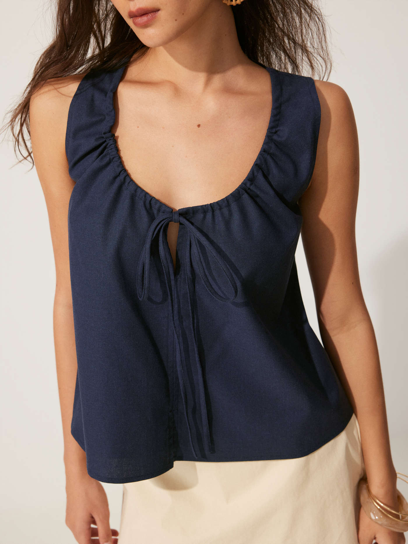 Linen-blend Collar V-neck Pleated Short Sleeve Shirt CA$42.00 | Cider