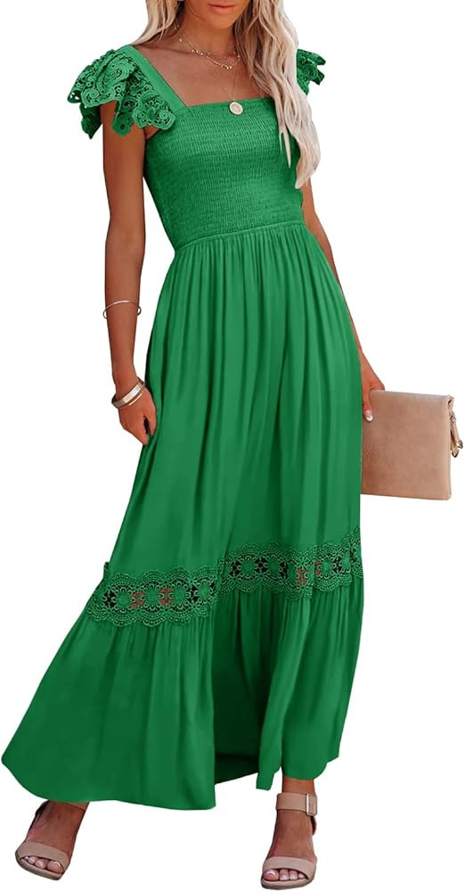 Ferlema Womens Summer Boho Lace Dress Long Green Dress Green Wedding Guest Dress Green Outfits 2024 | Amazon (US)