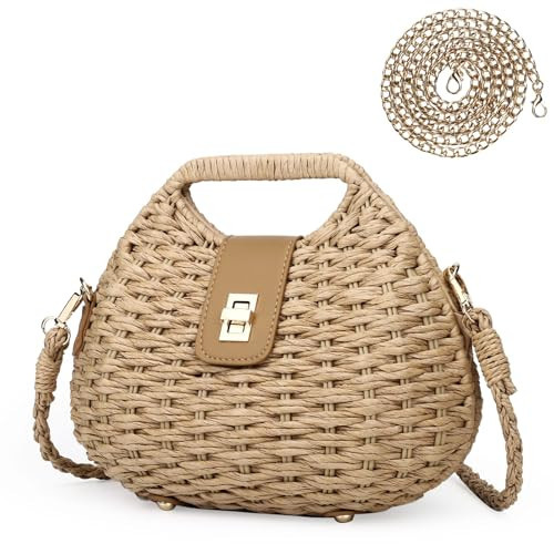 Women Straw Crossbody Bags,Summer Straw Purses with Chain,Beach Tote Shoulder Handbags Handmade Woven Bag (brown) | Amazon (US)