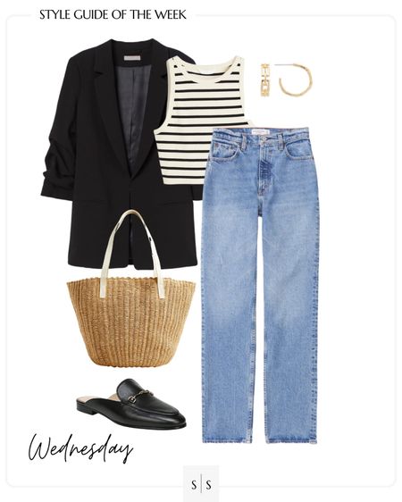 Style Guide of the Week | outfit ideas, Spring outfits, Summer outfits, transitional outfits, blazer, striped tank, straw tote, mules. See all details on thesarahstories.com ✨

#LTKstyletip #LTKFind