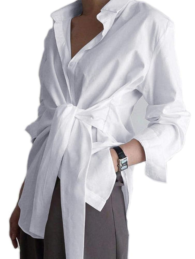 KUFV Women's Long Sleeve Button Down Shirts Tie Waist Casual Loose Blouses Tops | Amazon (US)