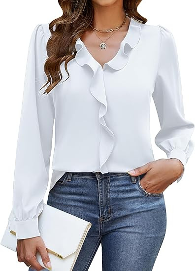 Blooming Jelly Womens Dressy Casual Blouse Business Long Sleeve Tops Ruffle V Neck Work Shirt Fal... | Amazon (US)