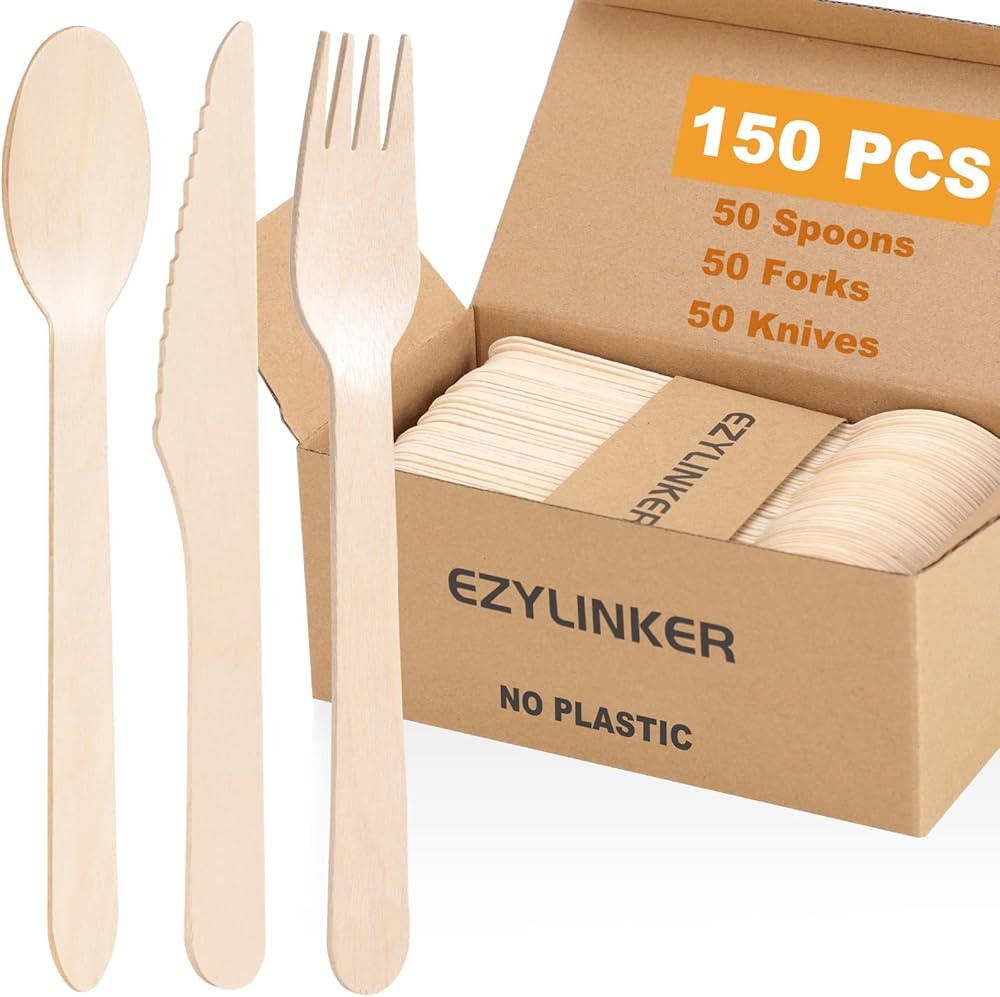 (150 Count) Disposable Wooden Cutlery Set - Alternative to Plastic, Eco Friendly, Biodegradable, ... | Amazon (US)