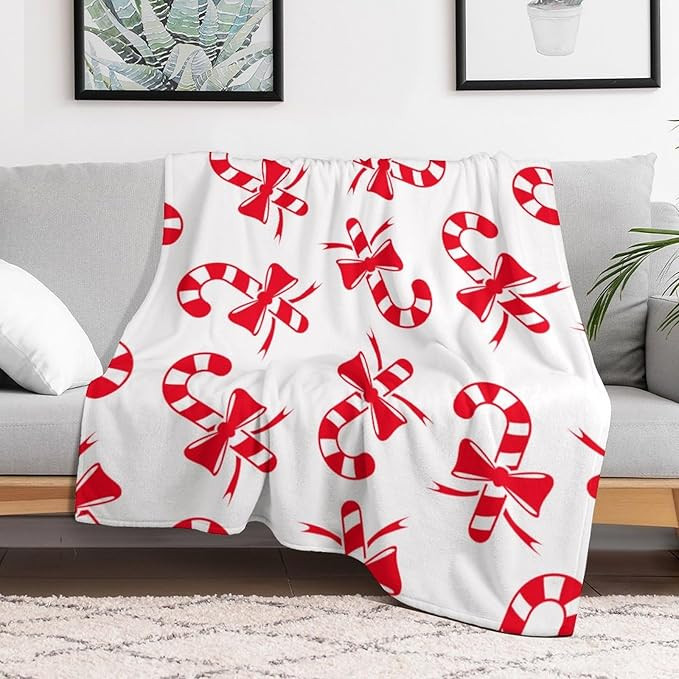 Candy Cane Red Bow Fleece Bed Blankets,Soft Flannel Cozy Blanket for Adults,Washable Lightweight ... | Amazon (US)