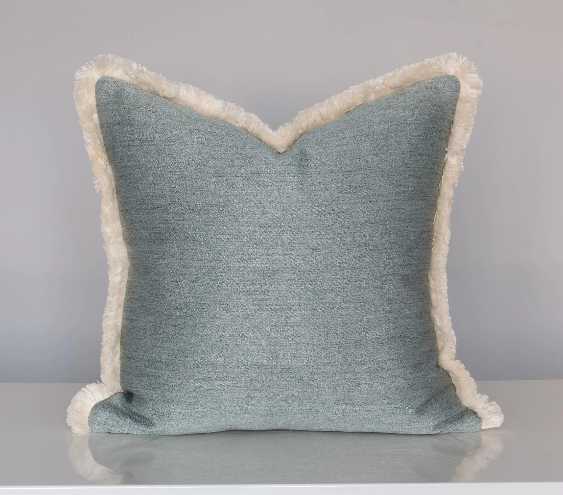Sage Blue Chenille Throw Pillow Cover, Cotton Ivory Fringe Trim, Coastal Boho Decorative Cushion | Etsy (Global)