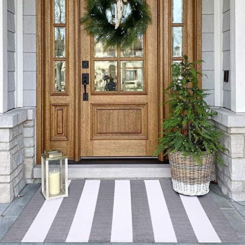 KOZYFLY Grey and White Striped Rug | 27.5 x 43 Inches | Cotton Hand-Woven Washable Gray Outdoor Rugs | Amazon (US)