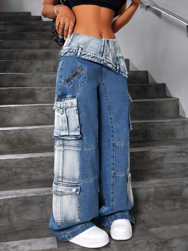 SHEIN ICON Women's Contrast Color Foldover Waist Wide Leg Jeans | SHEIN