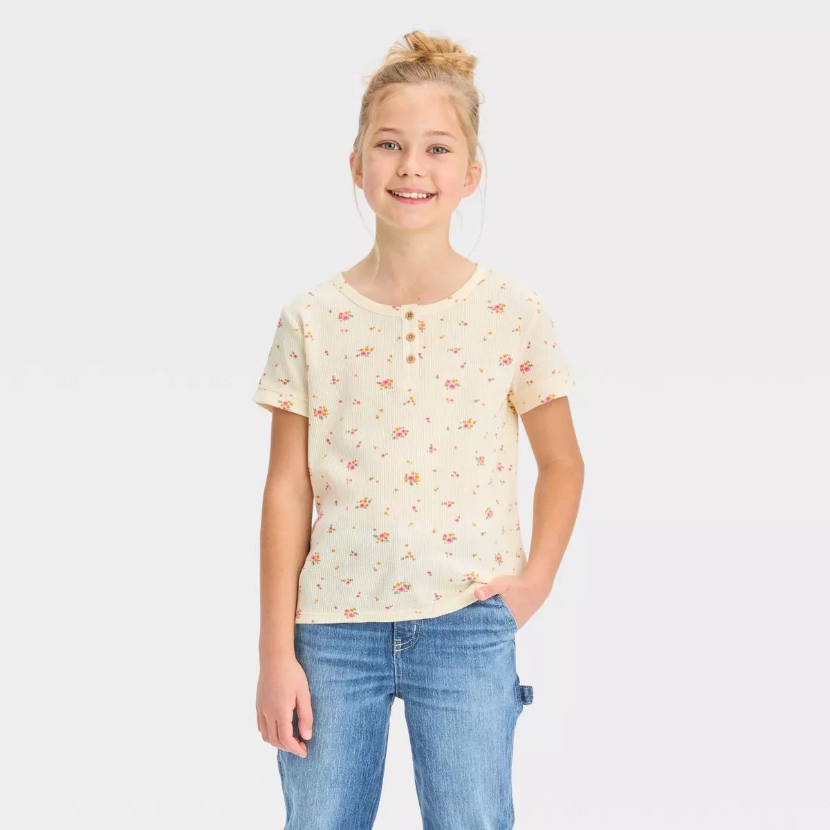Girls' Short Sleeve Henley Waffle Top - Cat & Jack™ | Target