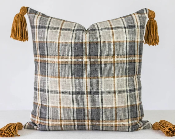 Plaid Caramel Orange Grey and Blue Pillow Cover with Caramel Tassels, Modern Farmhouse Throw Pill... | Etsy (US)