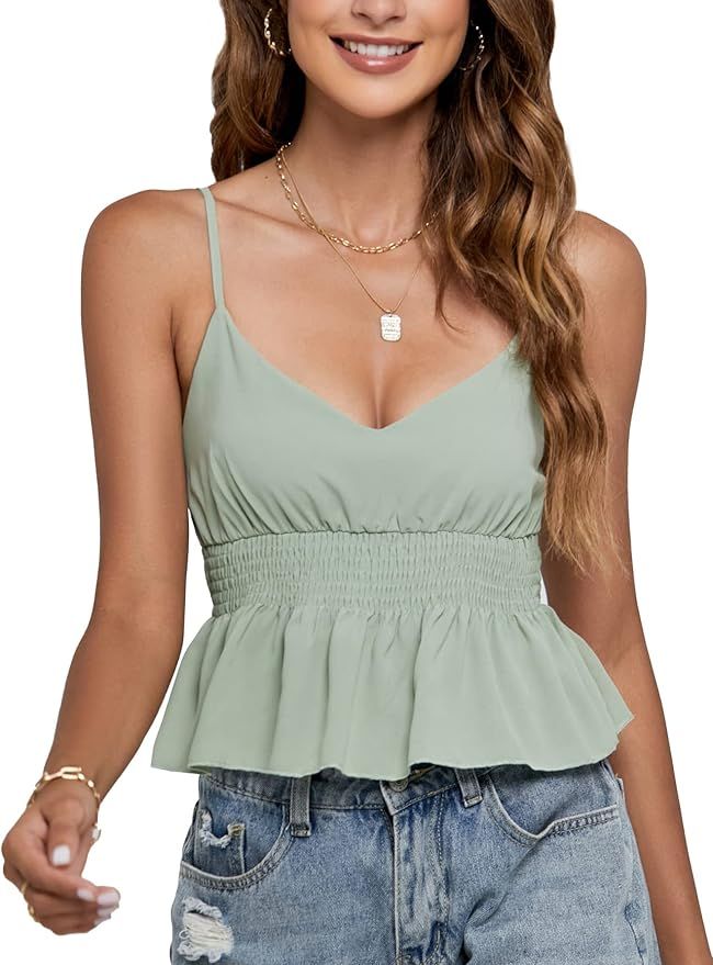 LYANER Women's V Neck Elastic Waist Pleated Ruffle Hem Sleeveless Strappy Crop Cami Top | Amazon (US)