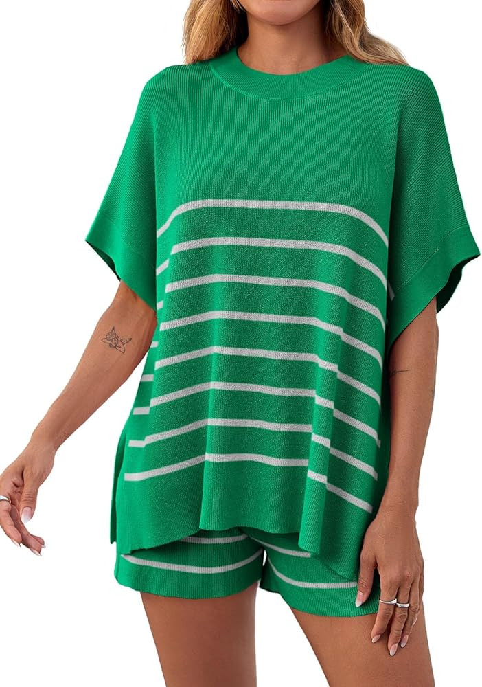 Fisoew Women's Striped 2 Piece Outfits Oversized Batwing Short Sleeve Tops High Waisted Shorts Su... | Amazon (US)