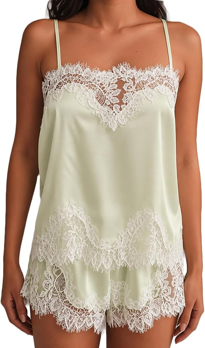 RUEWEY Women Satin Lounge Set Sleveless Lace Trim Cami Tops Shorts/Pants | Amazon (US)