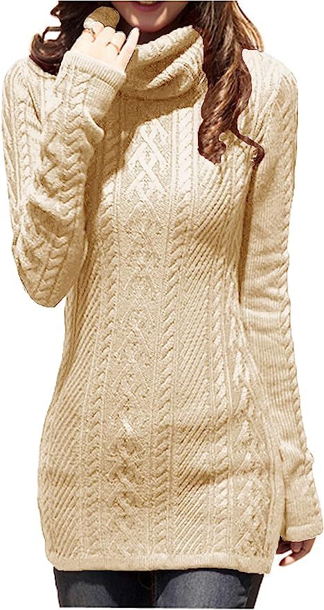 v28 Women Polo Neck Long Slim Fitted Dress Bodycon Turtleneck Cable Knit Sweater | Amazon (US)