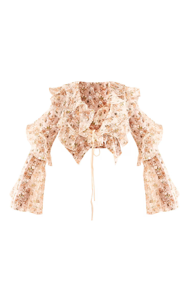 Beige Floral Sheer Woven Ruffle Tie Crop Blouse | PrettyLittleThing US
