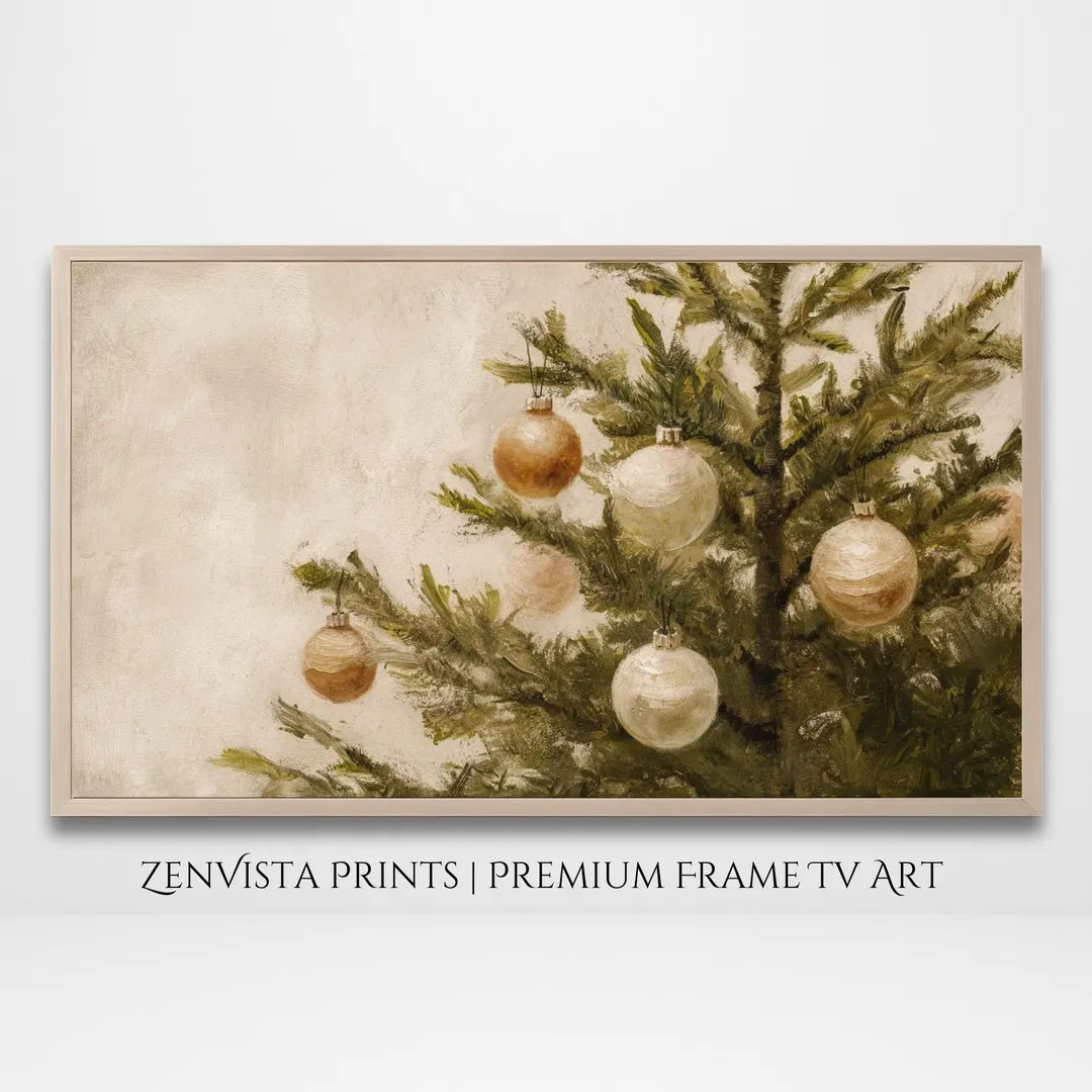 Vintage Christmas Tree Frame Tv Art Painting | Neutral Toned Christmas Tree Ornament Art for Fram... | Etsy (US)