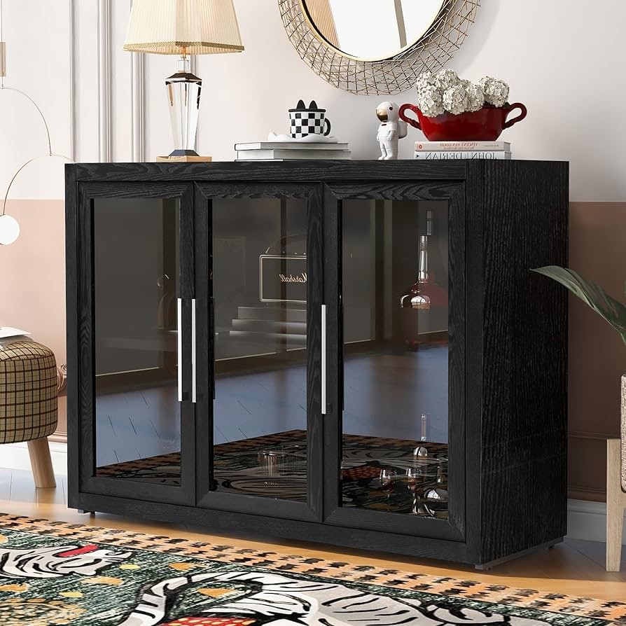 Amposei Modern Sideboard Storage Cabinet with Glass Doors, 48-Inch Wooden Kitchen Floor Cabinet C... | Amazon (US)