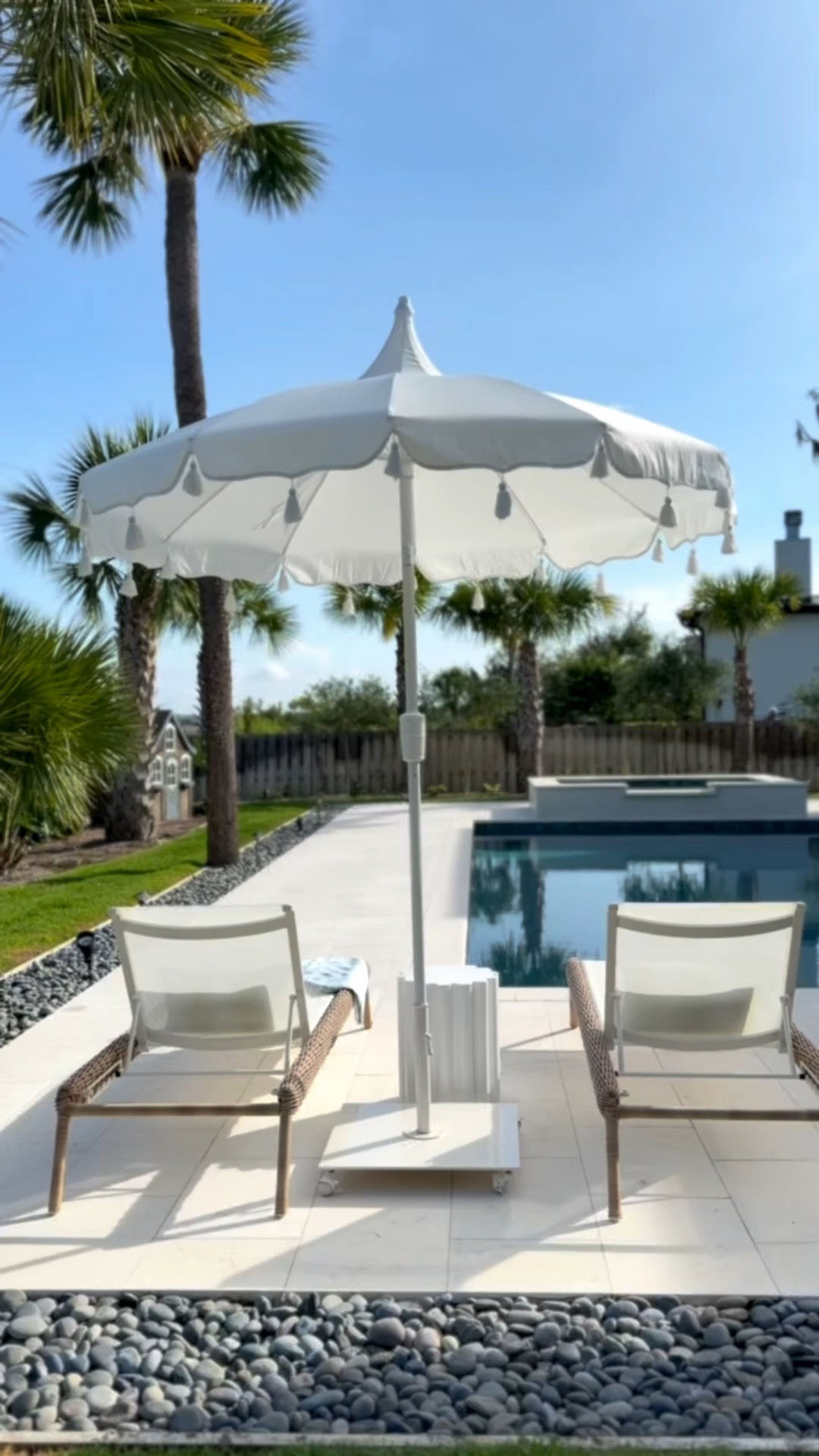 just did a little poolside refresh with some of the chicest coastal-inspired finds from @Wayfair wayfair and i’m honestly so impressed by the quality ✨

the umbrellas completely make the space. they’re made with Sunbrella fabric, have the prettiest tassel + pagoda detailing, and look so much more expensive than they are… truly a fraction of the price you’ll find elsewhere. we paired them with our sturdy Business & Pleasure bases with casters and love how substantial they feel.

also obsessed with the little details that make the space feel finished… the scalloped accent tables, palm-trim pillows in the prettiest green + blue combo, classic striped Turkish towels, and the most beautiful Juliska serving pieces for poolside drinks and snacks. the acrylic pitcher + tumblers especially feel so elevated while still being practical for outdoor living.

these are the kinds of pieces that make summer at home feel extra special.

#AD #WayfairPartner #Wayfair

#LTKSaleAlert #LTKSeasonal #LTKHome