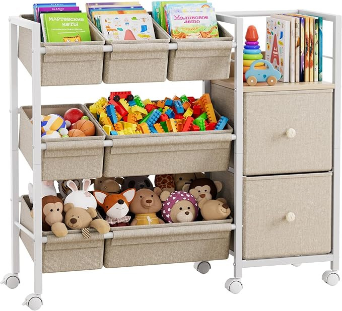 Kids Toy Organizers and Storage Bins - 7 Storage Bins + 2 Fabric Drawers + 1 Bookshelf, Playroom ... | Amazon (US)