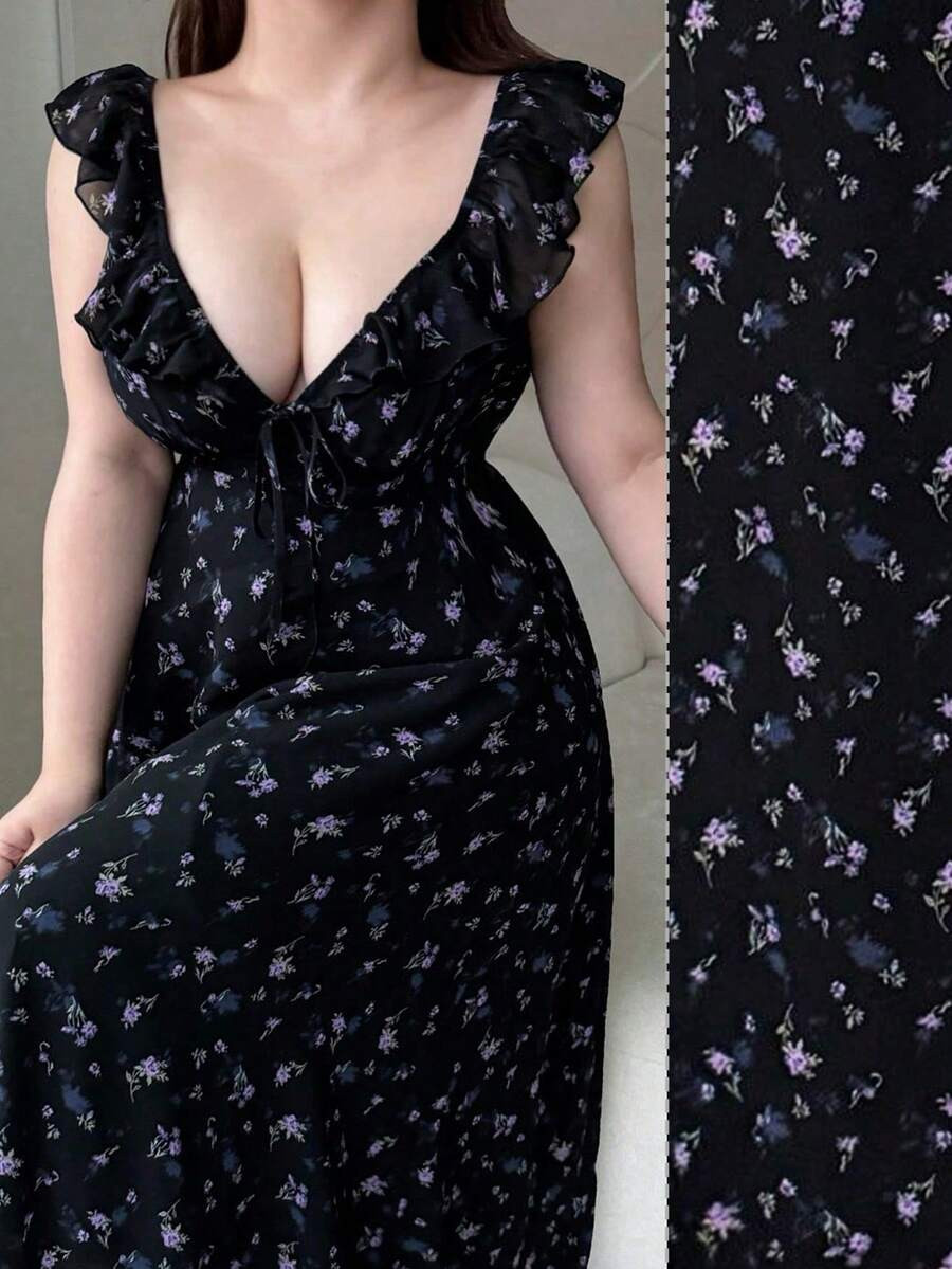 Vibekara Plus Size Purple Ditsy Floral Casual Dress, Suitable For Spring & Summer Low Cut Dress B... | SHEIN