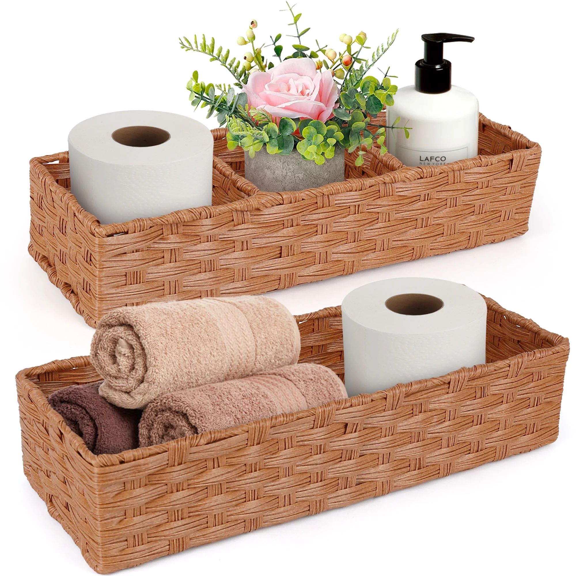 LotFancy Toilet Paper Storage Basket, 2 Pack Woven Wicker Toilet Tray Tank Topper Baskets,Brown | Walmart (US)
