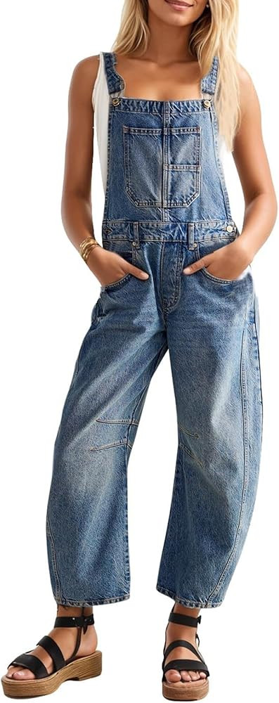 Ladyful Women's Denim Overall Casual Straight Wide Leg Bib Jeans Overall Adjustable Straps Denim ... | Amazon (US)