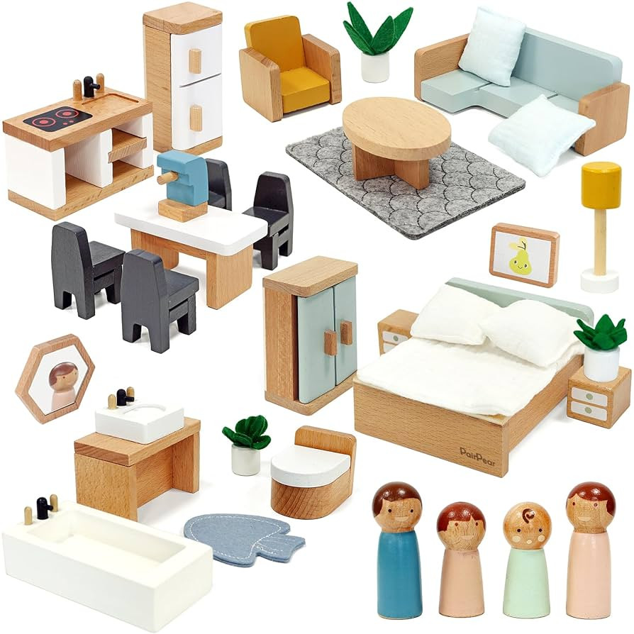 PairPear Wooden Toys Dollhouse Furniture Playset,35 Piece Furnitures with Family Dolls,Doll House... | Amazon (US)