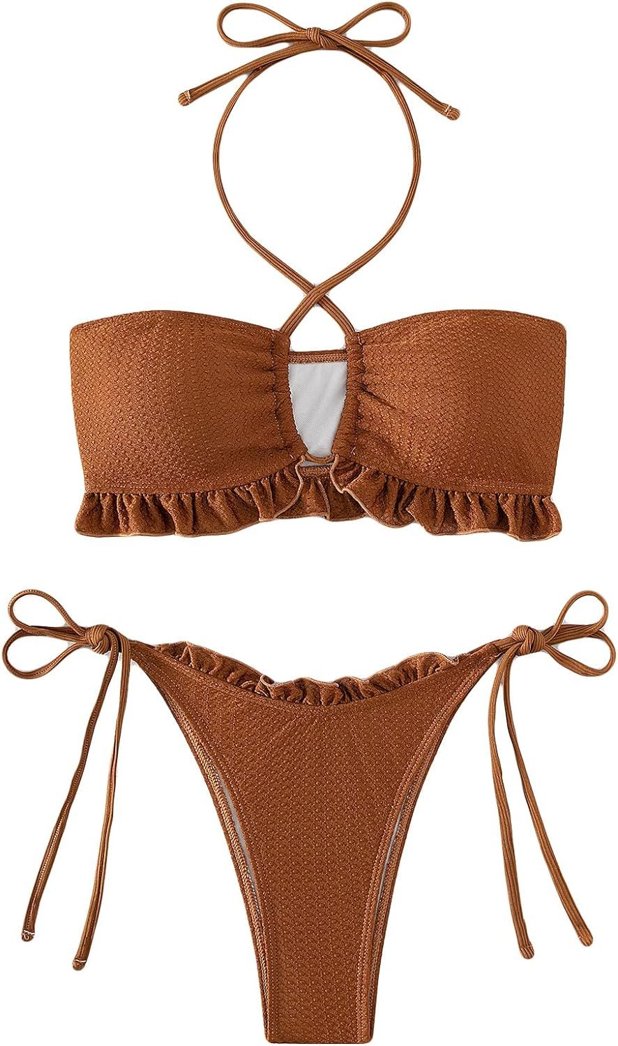 OYOANGLE Women's 2 Pieces Frill Trim Tie Backless Halter Bikini Swimsuit Bathing Suit | Amazon (US)