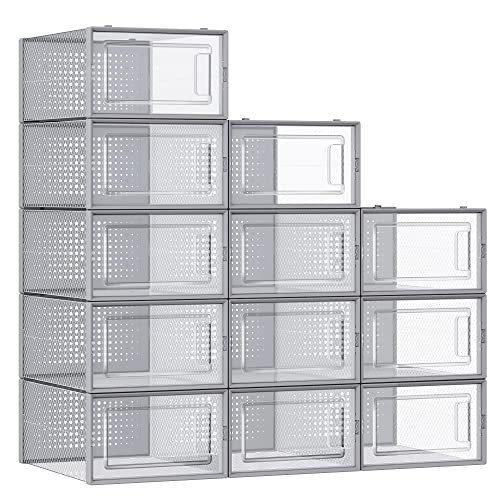 SONGMICS Shoe Boxes, Pack of 12 Shoe Storage Organizers, Stackable Clear Plastic Boxes for Closet, Sneakers, 13.1 x 9.1 x 5.6 Inches, Transparent and Gray ULSP006G12 | Amazon (US)