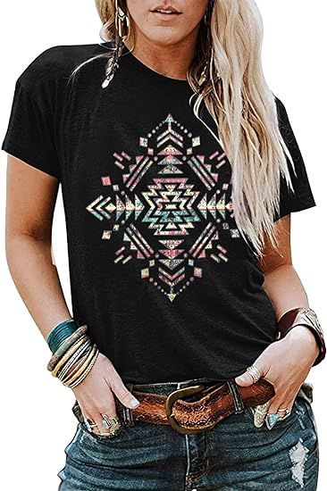 SUPEYA Aztec Shirts for Women Funny Geometric T-Shirt Retro Western Tee Shirt Casual Short Sleeve... | Amazon (US)