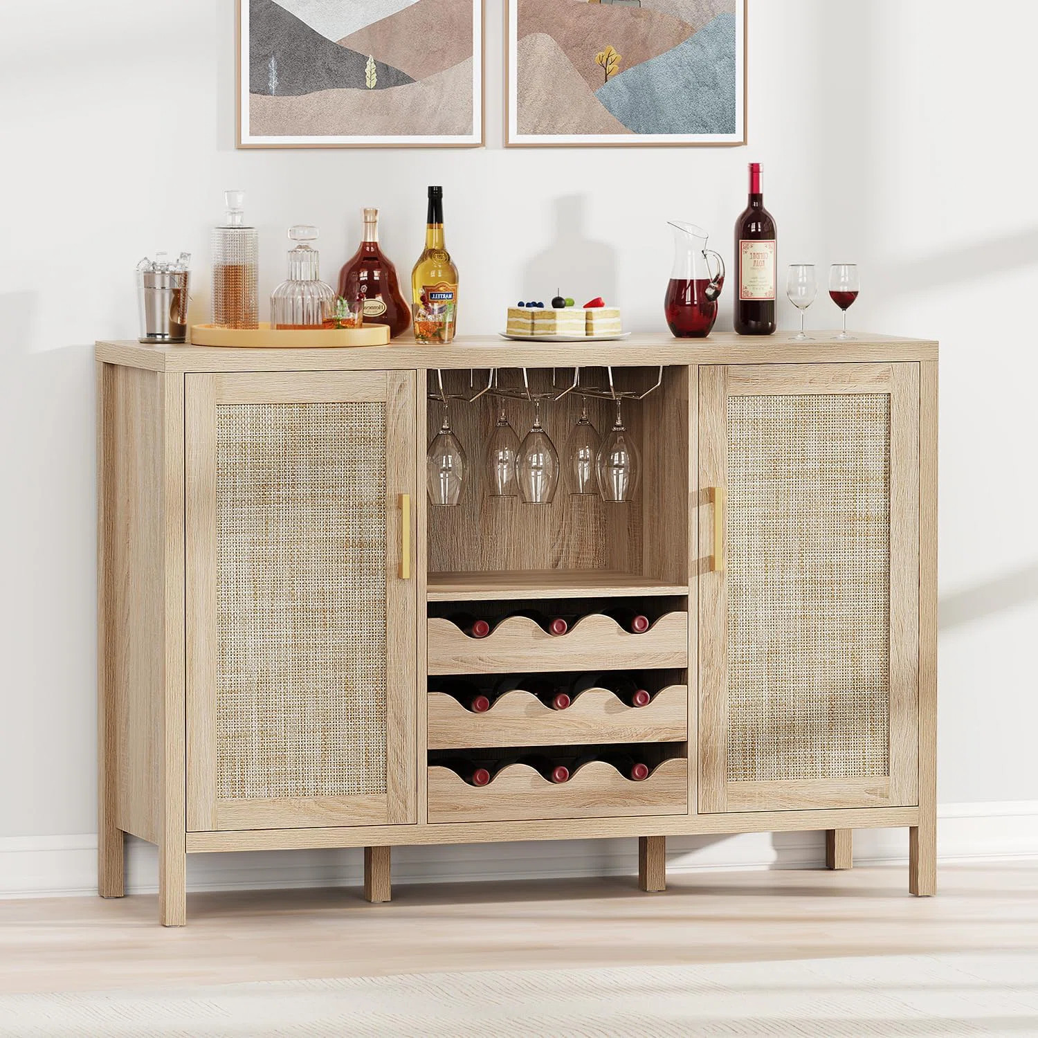 Rattan Wine Bar Cabinet with Glass Holder and Drawer Style Wine Racks | Wayfair North America
