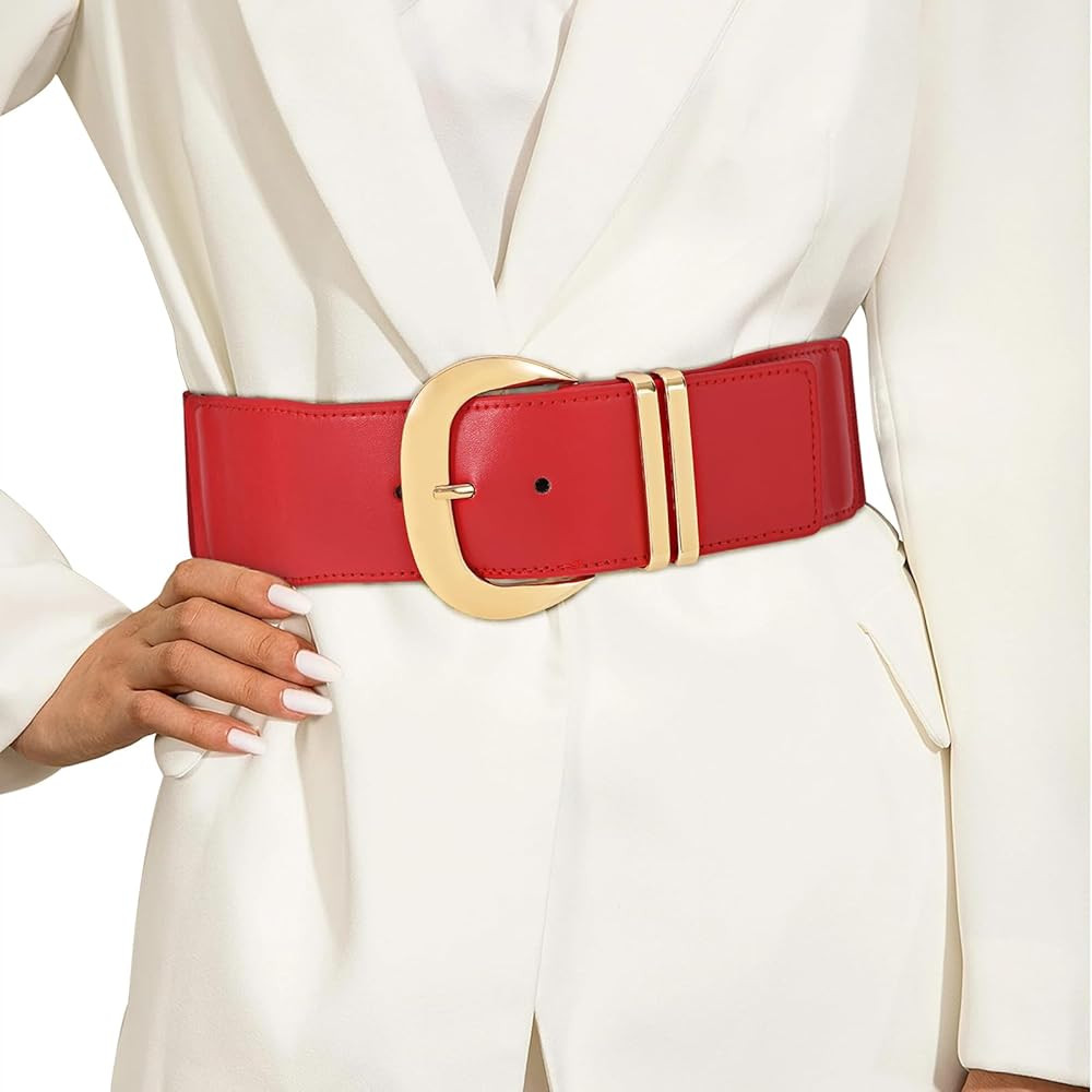 WHIPPY Women Wide Elastic Waist Belt for Dresses Fashion Gold Buckle Stretchy Leather Waistband f... | Amazon (US)