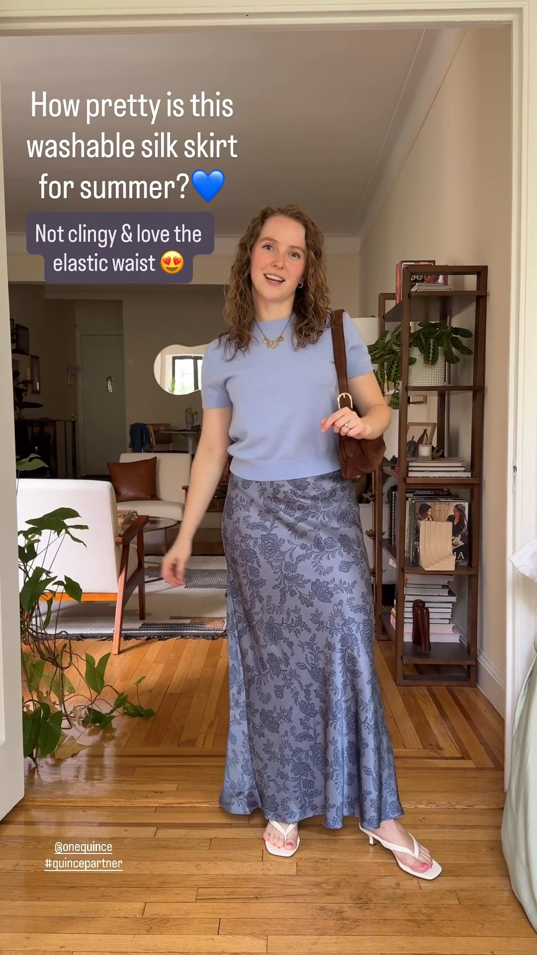 Washable silk maxi skirt from @Quince for work and casual wear. I’m 5ft 2. Rolled the waist once. Blue floral color is a little longer than the other maxi silk skirt patterns (sold out)Wearing size small. Sweater is small I sized up 1 #quincepartner