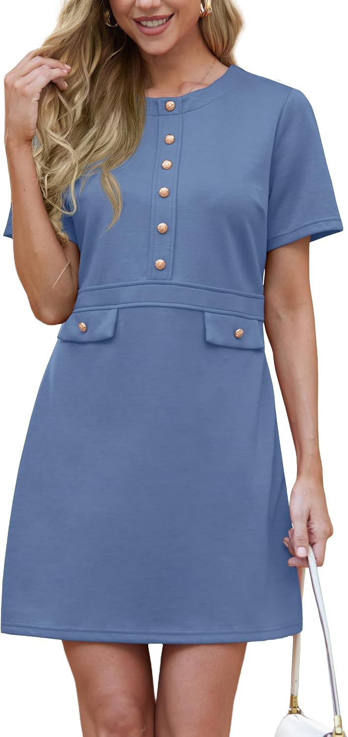 GRECERELLE Women's Summer Short Sleeve Button Crew Neck Elegant Business Work Bodycon Mini Short Dresses | Amazon (US)