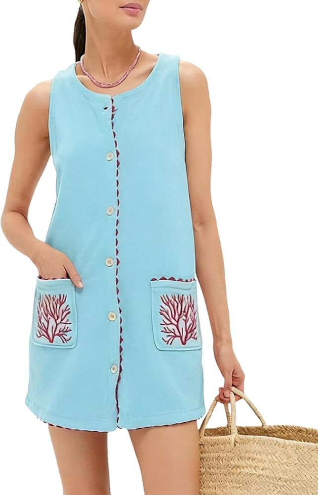 Sleeveless Mini Dress for Women Suede Beach Coverup with Buttons Front Embroidered Shift Summer C... | Amazon (US)