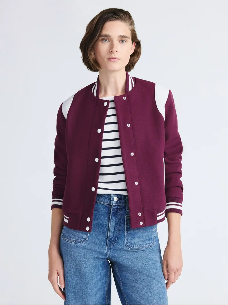 Free Assembly Women's and Women's Plus Faux Wool Varsity Jacket, Sizes XS-4X | Walmart (US)