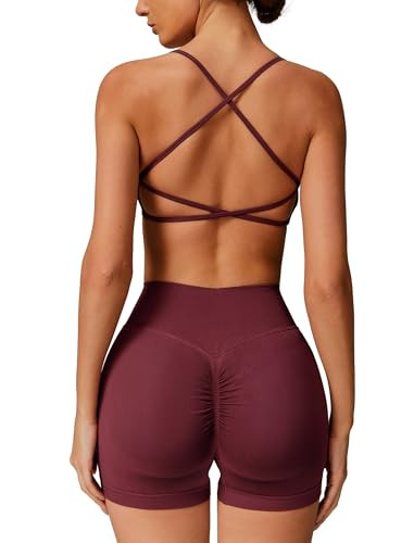 ABOCIW Workout Sets for Women 2 Piece Seamless Strappy Sports Bra High Waist Scrunch Butt Impact Shorts Yoga Gym Set Wide Red X-Large | Amazon (US)