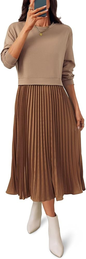 Wenrine Womens Casual Sweatshirt Dress Patchwork Long Sleeve Crewneck Pleated Maxi Dresses | Amazon (US)