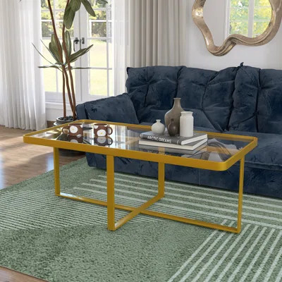 Modern Rectangular Tempered Glass Coffee Table With Golden Metal Frame | Wayfair North America