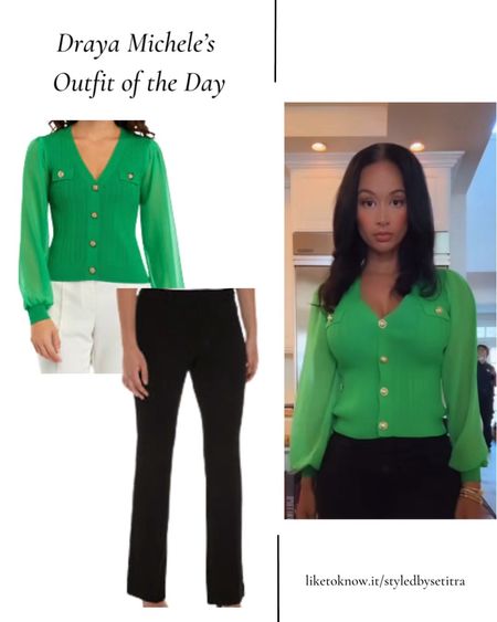 Draya Michele outfit of the day. This cute green top is perfect for St. Patrick’s Day. available in petite sizes. V-neck blouse, button up, sheer sleeves, work outfit, vacation, professional, business casual, resort wear, spring outfit, black trousers, black jeans. Green top, green outfit. March outfits, celeb styles, celebrity outfits

#LTKworkwear #LTKfindsunder100