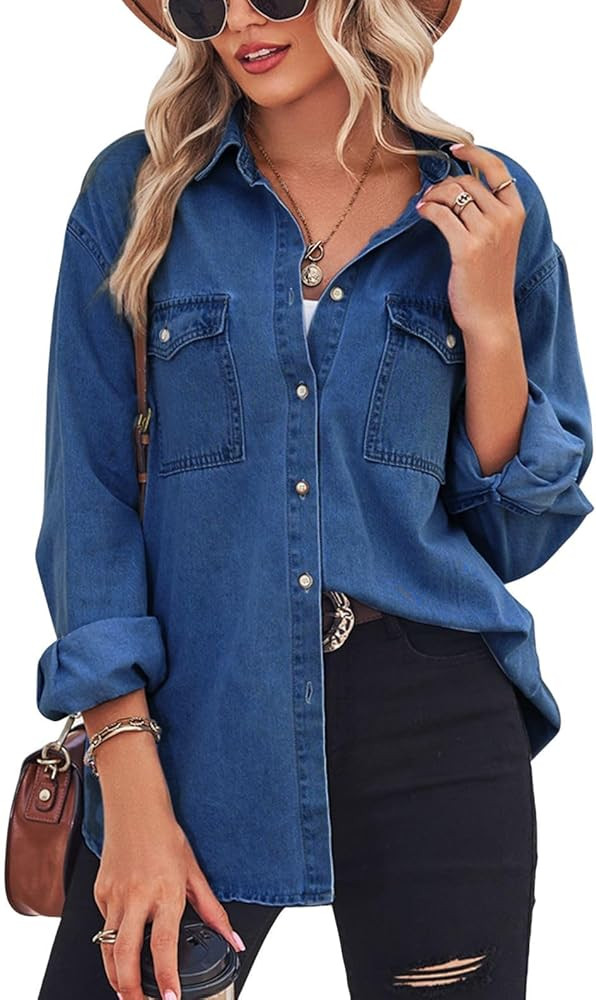 chouyatou Women's Spring Long Sleeve Denim Jean Shirts Button Down Shirt Business Casual Tops | Amazon (US)