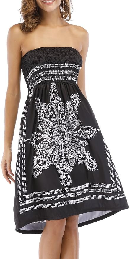 Women's Strapless Floral Bohemian Casual Mini Beach Dress Cover-ups Dress | Amazon (US)