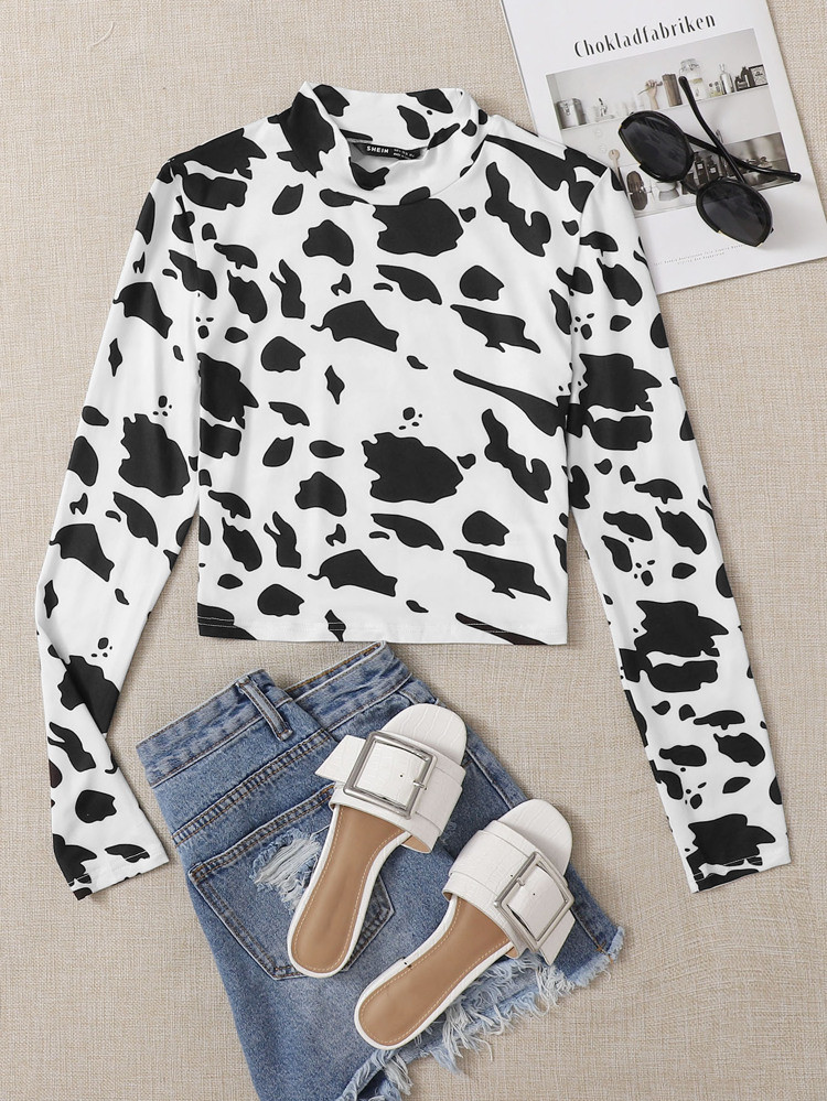SHEIN Mock Neck Cow Pattern Crop Top | SHEIN