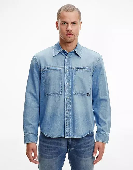 Calvin Klein Jeans chest pocket denim shirt in light wash | ASOS (Global)