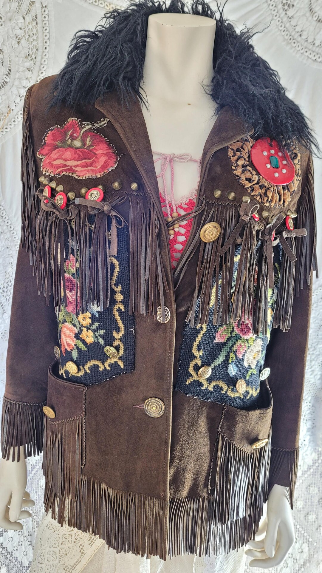 Vtg upcycled suede leather fringe decorative jacket boho gypsy hippie festival sz S-M | Etsy (US)
