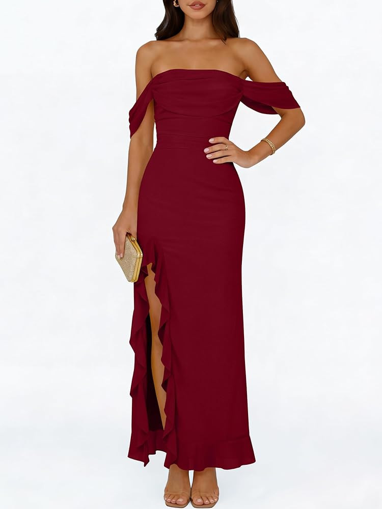 Caracilia Womens Summer Off The Shoulder Formal Bodycon Maxi Dresses High Slit Ruffle Hem Mesh We... | Amazon (US)