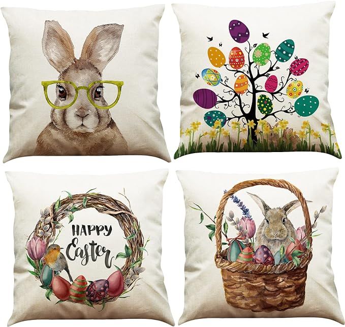 BINXWA Easter Pillow Covers 18x18 Set of 4,Easter Decorations Linen Farmhouse Easter Pillow Cover... | Amazon (US)