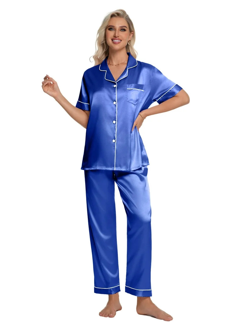 DAKIMOE Silk Satin Pajamas Set for Women Two-Piece Short Sleeve Shirt with Long Pajama Pant Set S... | Walmart (US)