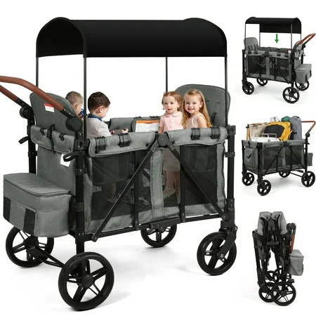 Vomeast Wagon Stroller for 4 Kids, 3-in-1 Stroller Wagon with Canopy, 5-Point Harness, Adjustable Handlebars, Removable Seat for Toddlers, Grey | Walmart (US)