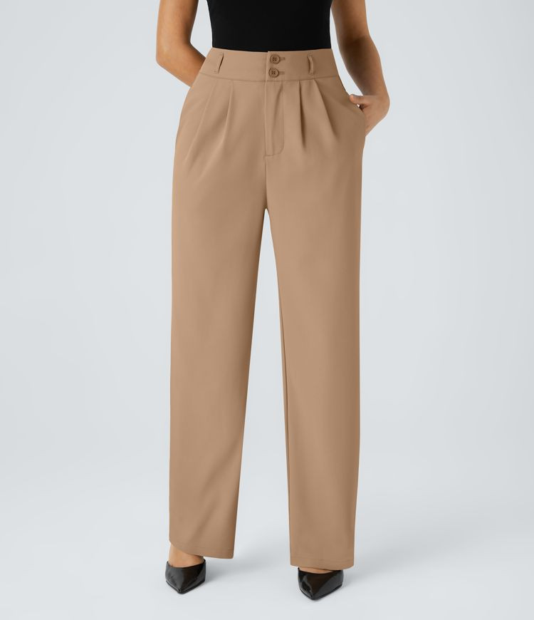 High Waisted Zipper Pocket Shirred Straight Leg Work Pants | HALARA