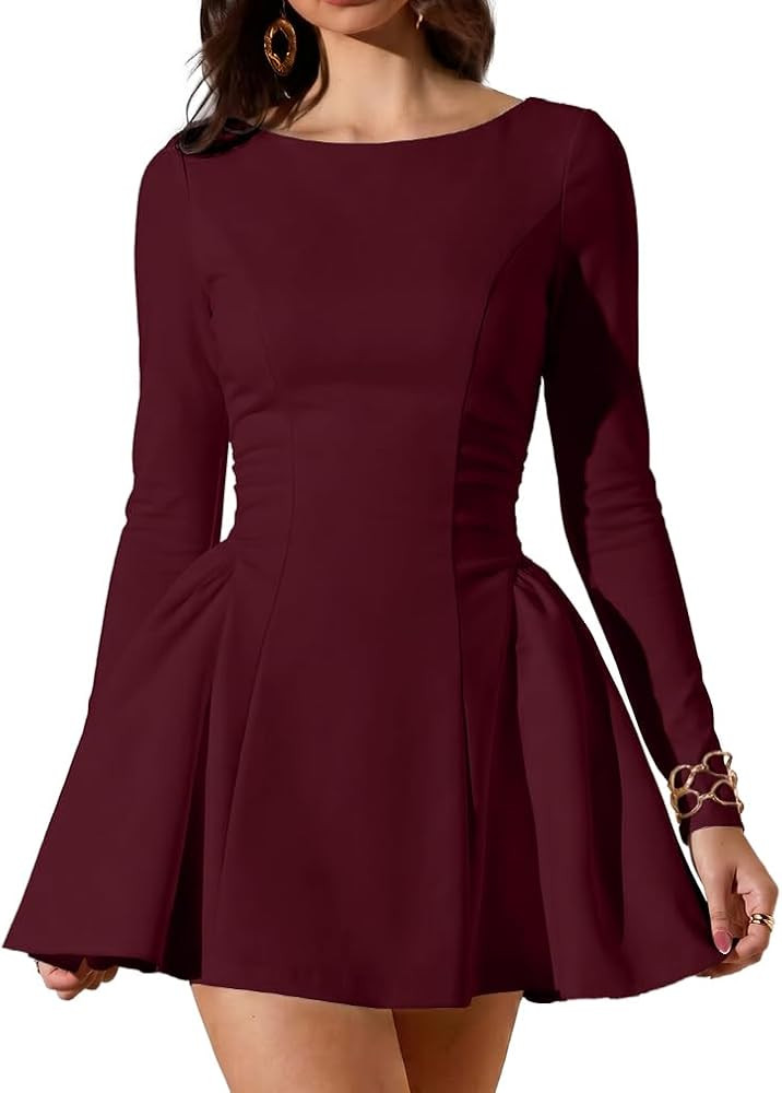 LAGSHIAN Women's Long Sleeve Boat Neck A Line Party Mini Dress | Amazon (US)